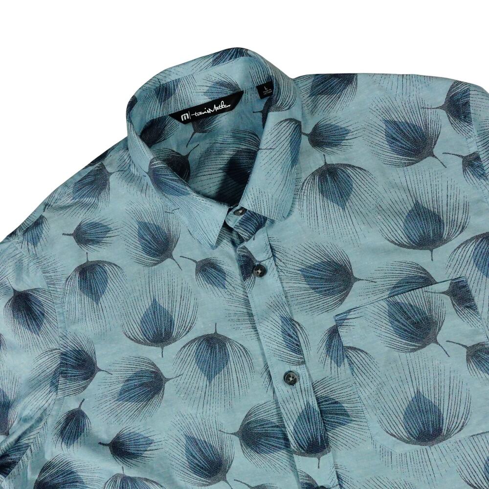 Travis Mathew Geometric Peacock Leaf Blue Casual Short Sleeve Button Shirt Large